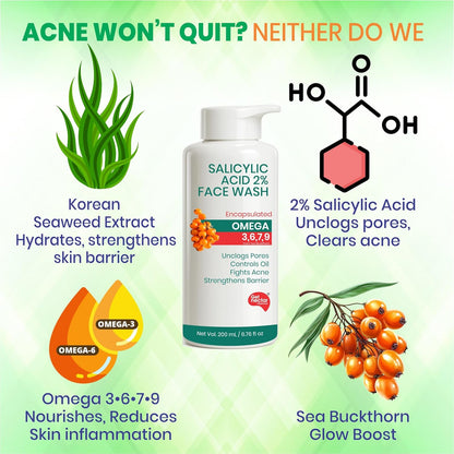 Salicylic acid face wash with ingredients and benefits on a green background