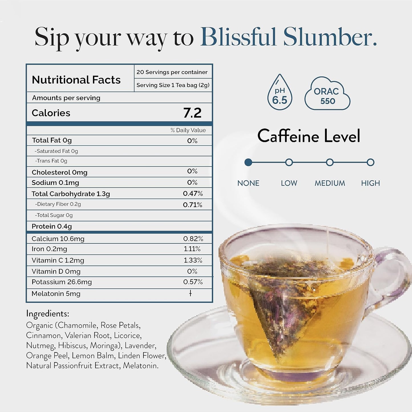 WELLBEING NUTRITION Sleep Tea|Caffeine Free Tea Bags For Insomnia & Stress Relief,Relaxation & Improved Sleep Quality|5Mg Melatonin,Chamomile,Valerian Root,Lavender (20 Pyramid Tea Bags) - Chamomile