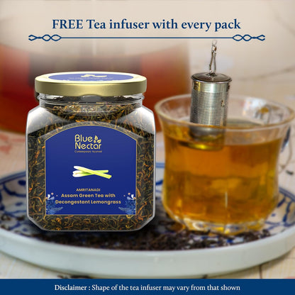 Blue Nectar Decongestant Lemongrass Green Tea Loose Leaves, Sourced from Assam Tea Garden | Eco Friendly Glass Jars with Green Tea Infuser (65g)