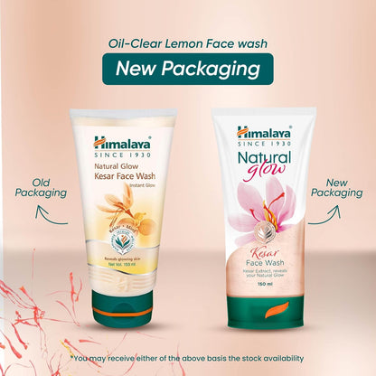 Himalaya Naturals Kesar Face Wash with old and new packaging on a beige background