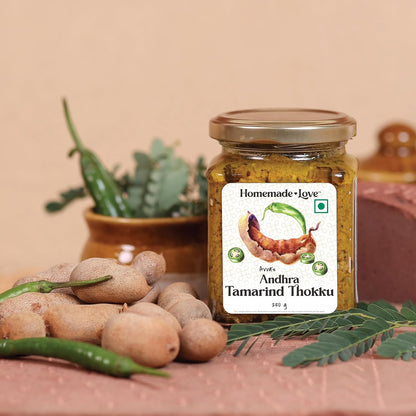Homemade Love Andhra Tamarind Thokku (250 Gm) | Tamarind Pickle with Green Chillies Pure Natural Home Made Taste | Authentic Andhra Style Achar Perfect for Rice, Dosa, Idli & Roti | No Preservatives