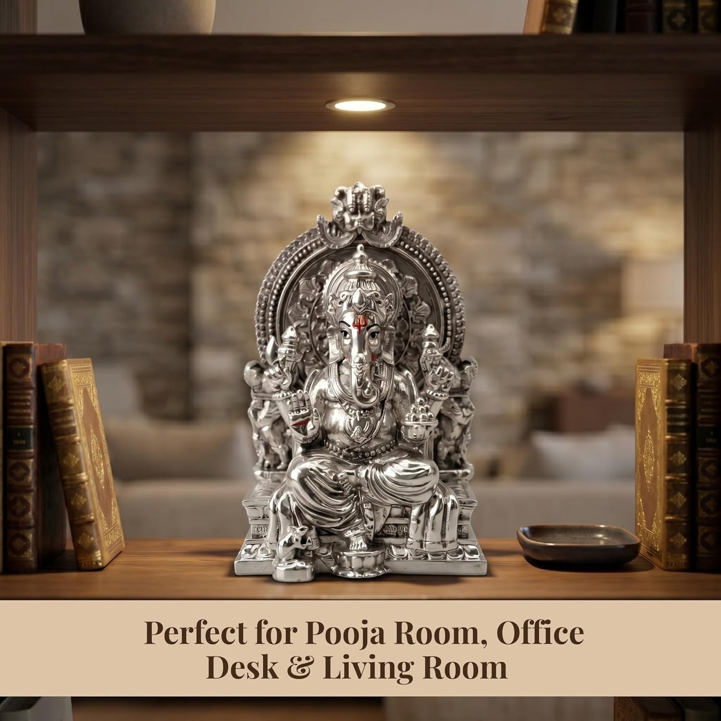 Dev Aastha Silver Plated Throne Ganesh Idol - 3.7 Inch Divine Seated Ganpati Statue on Royal Singhasan for Home Mandir and Office - Auspicious Vastu Decor and Spiritual Gift with Anti-Tarnish Finish