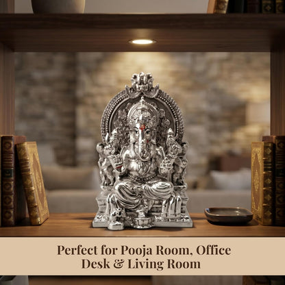 Dev Aastha Silver Plated Throne Ganesh Idol - 3.7 Inch Divine Seated Ganpati Statue on Royal Singhasan for Home Mandir and Office - Auspicious Vastu Decor and Spiritual Gift with Anti-Tarnish Finish