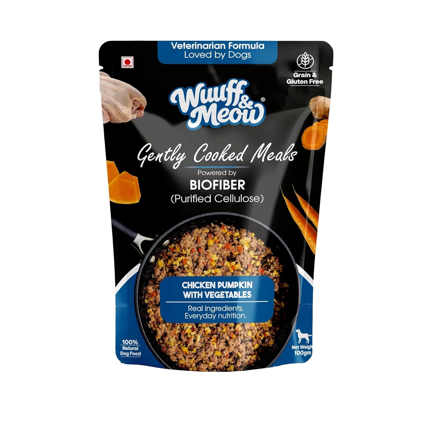 Wuuff&Meow Chicken Pumpkin with Vegetables Dog Food — Gently Cooked Wet Dog Meal with Zero Preservatives| Powered By BioFiber - Arbocel Purified Plant-Based Fiber | 100g