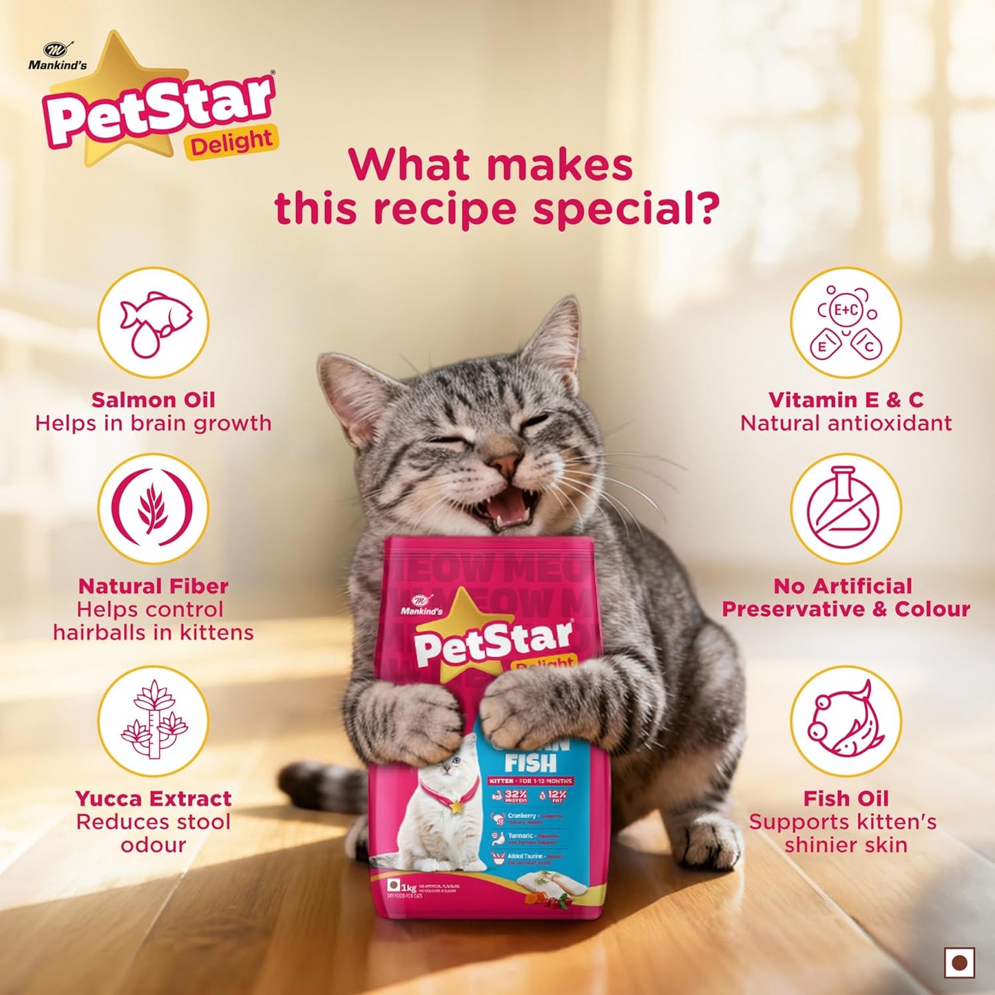 Mankind PetStar Kitten Cat Food – Ocean Fish Flavour (1 Kg) | Complete & Balanced Nutrition for Healthy Growth, Hairball & Digestive Care
