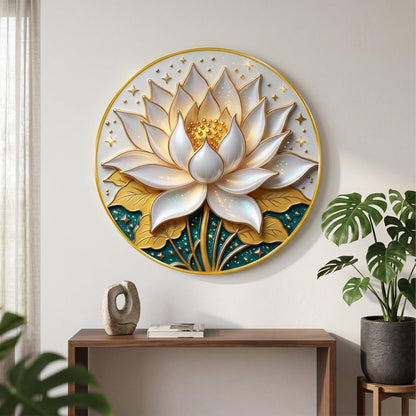 Lotus Flower Wall Painting with Golden PVC Frame Round Floral Wall Art Modern Elegant Decor for Living Room Bedroom Office Spiritual Home Decorative Gift Item (16 x 16 Inch) GRM-354