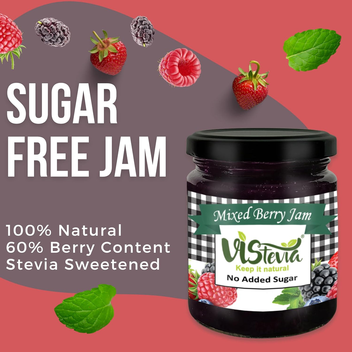 Vistevia Sugar Free Mixed Berry Jam, Diabetic and Keto Friendly - Sweetened Naturally with Stevia, More Than 60% Berries Content - Tastes Delicious - Pack of 1 (220GM )