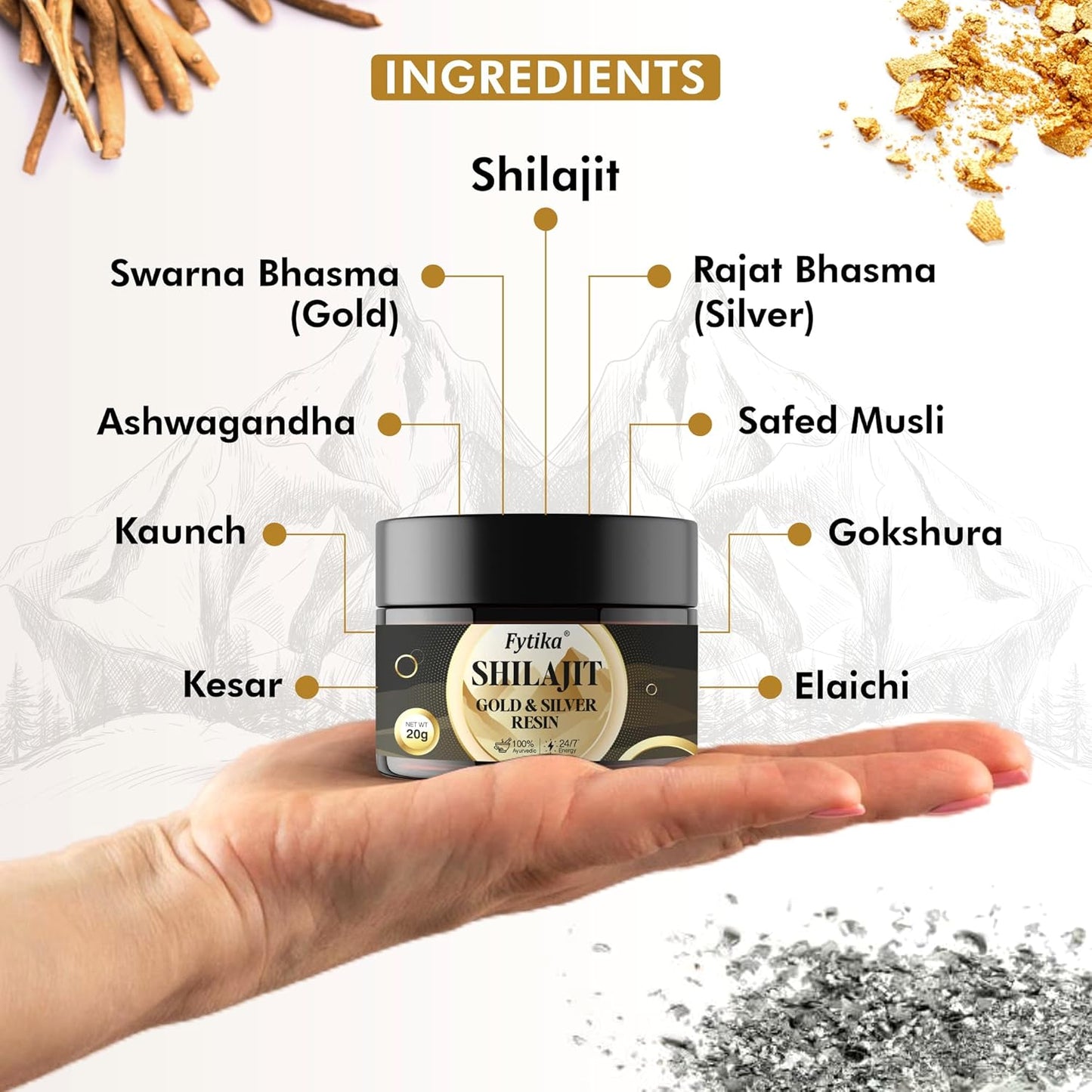 Fytila Shilajit Gold & Silver jar with ingredients listed on a white background