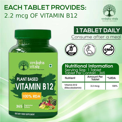 Vruksha Vitals Vitamin B12-100% RDA [LAB TESTED - COA] 365 Tablets/Capsules Supplements - Plant Based Methylcobalamine/Mecobalamine Supplement