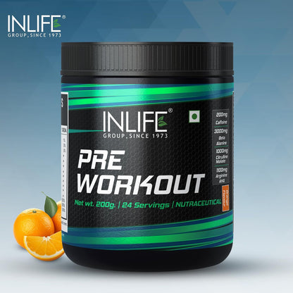 INLIFE Pre-Workout Supplement 200mg Caffeine,1000mg Citrulline,1100mg Arginine AAKG,3000mg B-Alanine,Creatine,Taurine, Betaine Anhydrous Pre Workout Formula Men & Women 200g, 24 Servings (Orange)