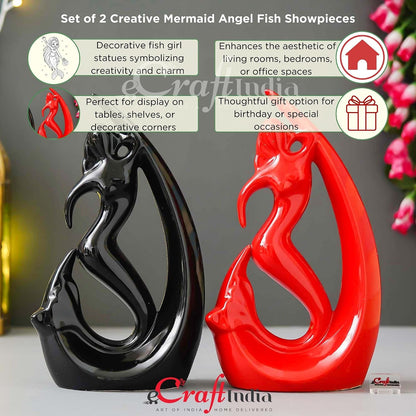eCraftIndia Decorative Fish Girl Statues| Fish Angels Showpieces| Creative Mermaid Angel Fish Idols (Set of 2 Black Red)| Home Decor Items for Living Room Bedroom Hall Office Hotel| Gifts for Birthday
