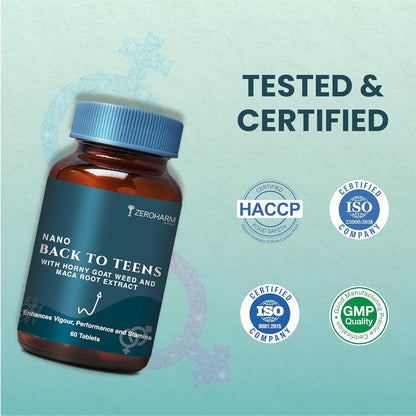 ZEROHARM Back to Teens | Maca Root, Safed Musli, Horny Goat Weed for Energy, Stamina, Endurance & Performance | Nano Formulated Supplement for Men & Women | High Potency 60 Tablets