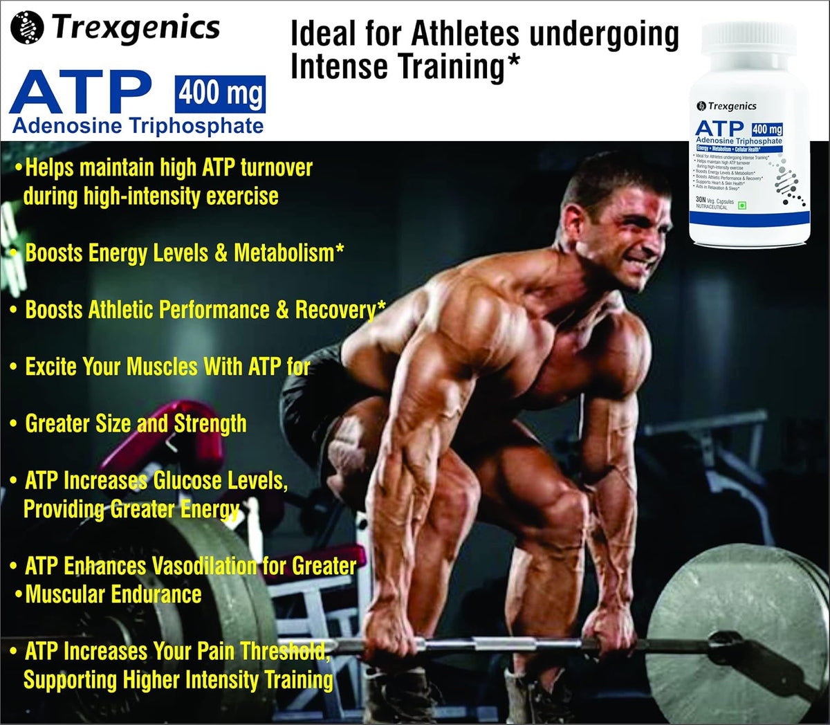 Trexegenics ATP supplement advertisement with a muscular man lifting weights.