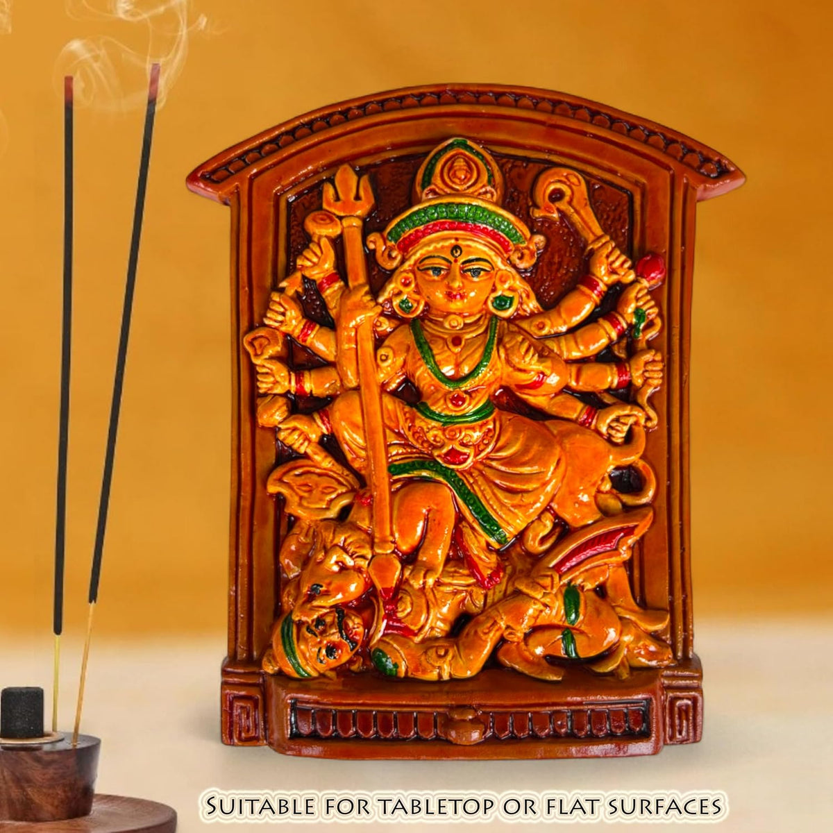 Maa Durga Murti Mahisasur Mardini Terracotta Idol | Sherawali Devi MATA Hand-Painted Table Top Decor for Temple, Mandir, Home, Office Decoration | Spiritual Gift Showpiece (20x15 CM)