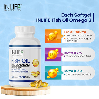 INLIFE Fish Oil Omega 3 Capsule 1000mg | Heart, Brain and Joint Health | Molecularly Distilled Highly Concentrated Supplement - 60 Softgels (60 Softgels)