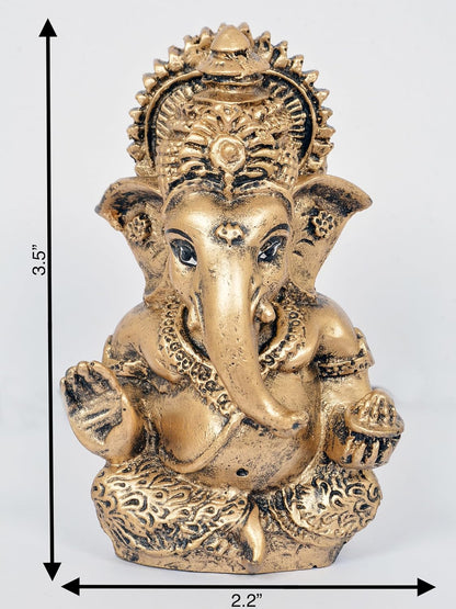 Classic Antique Gold Ganesha Idol with Decorative Foam Flower – 3.5 Inch Handcrafted Polyresin Ganpati for Car Dashboard, Home Mandir & Office – Metallic Finish Auspicious Gift (Antique Gold)