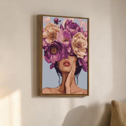 Floral Woman Portrait Framed Canvas Painting For Living Room | Aesthetic Flower Face Wall Art For Livingroom Wall Decor, Home Decor, Bedroom, Hallway's, Office, Hotel - 43x58 cm