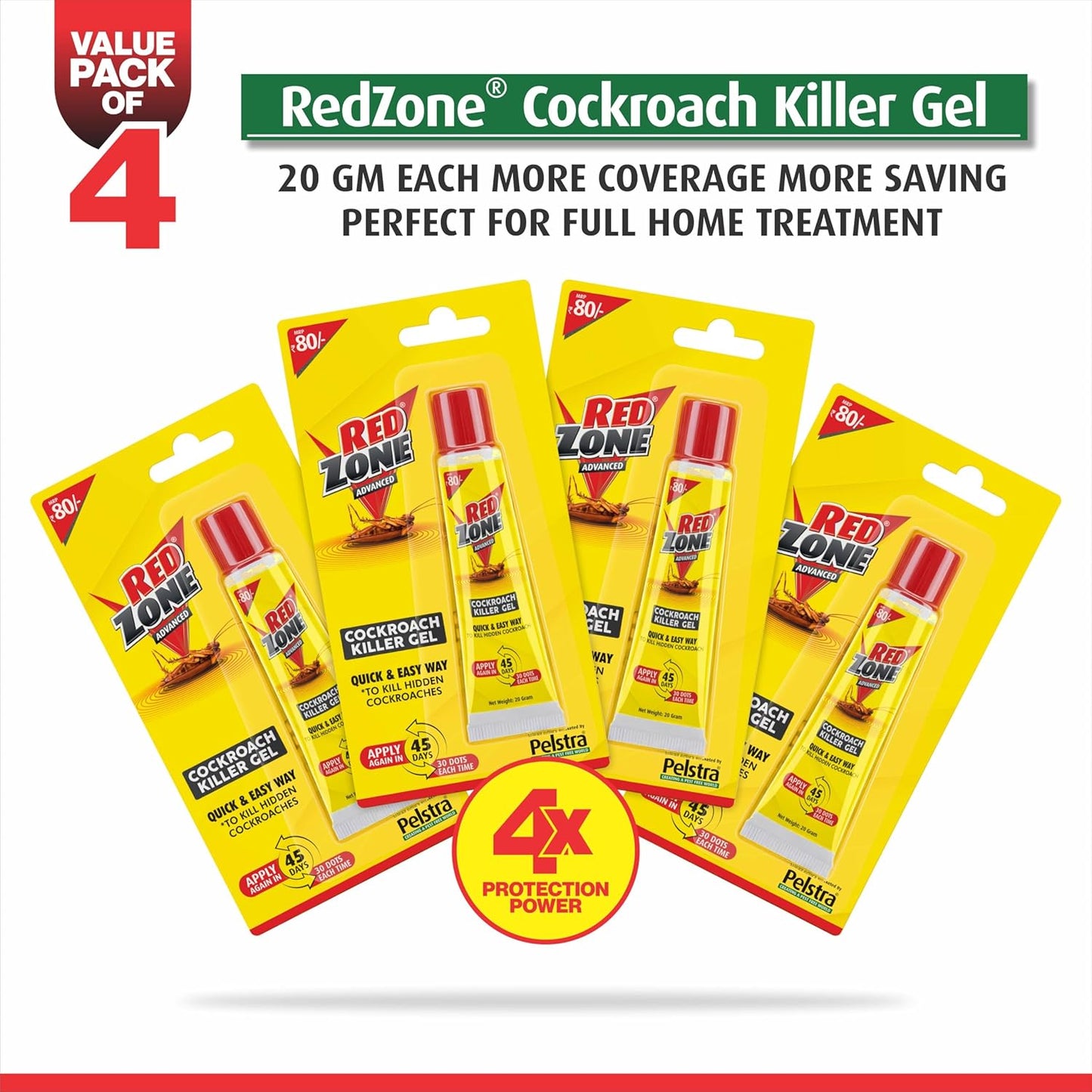 REDZONE Cockroach Killer Gel - 20g, Advance Formula Strong & Effective Long-Lasting Cockroach Gel for Home, Kitchen & Office, Anti Roach with Eco-Friendly, Easy to Use, Fragrance Free (Pack of 4)