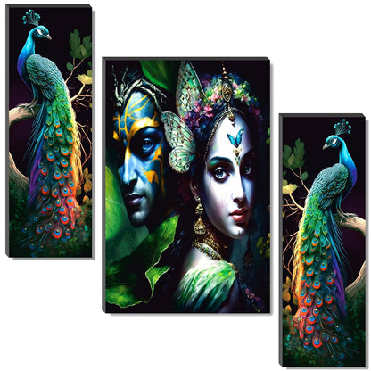 Radha Krishna & Vibrant Peacock Wall Art – 3-Panel UV-Printed Spiritual Forest Triptych | Ready-to-Hang Home & Pooja Décor (20 Inch x 12 Inch) JM-35289