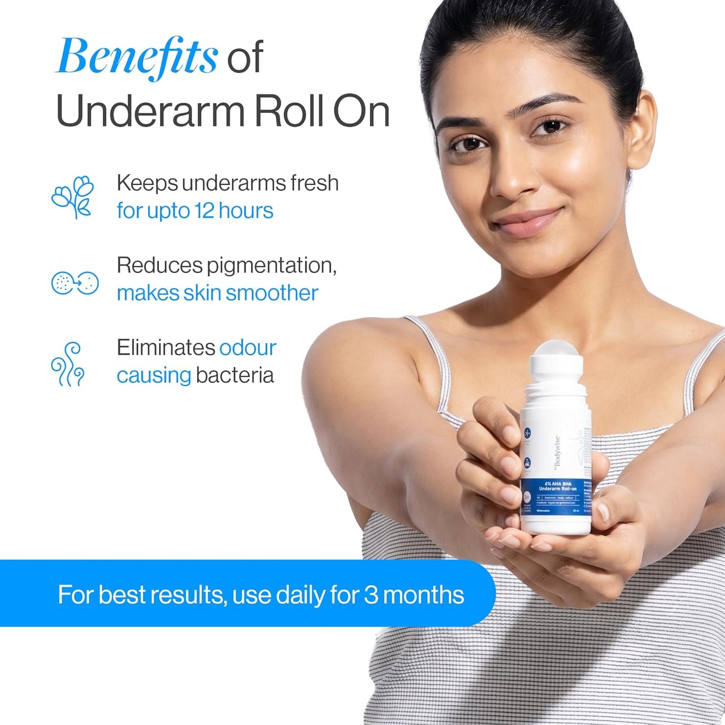 Be Bodywise 6% AHA BHA Underarm Roll On Deodorant, 50ml | 1% Mandelic, 4% Lactic, 1% Salicylic Acid | Prevents Body Odour & Fades Pigmentation for Even Tone Skin | Alcohol & Aluminum Free | Watermelon