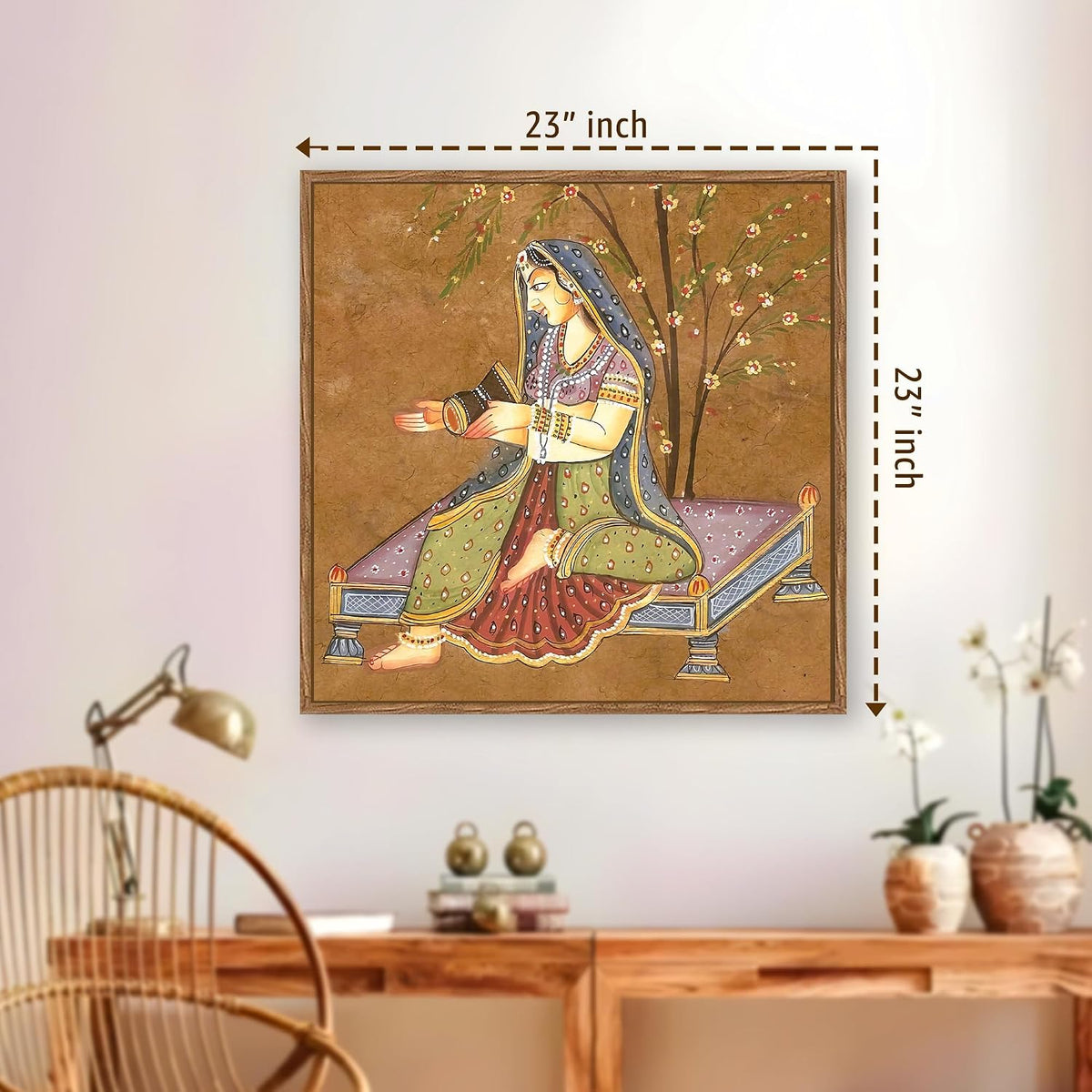 Indian Folk Framed Painting For Living Room | Traditional Ragamala Large Canvas Painting With Frame Wall Art For Bedroom, Hallway's, Office, Hotel, Size 58x58 cm