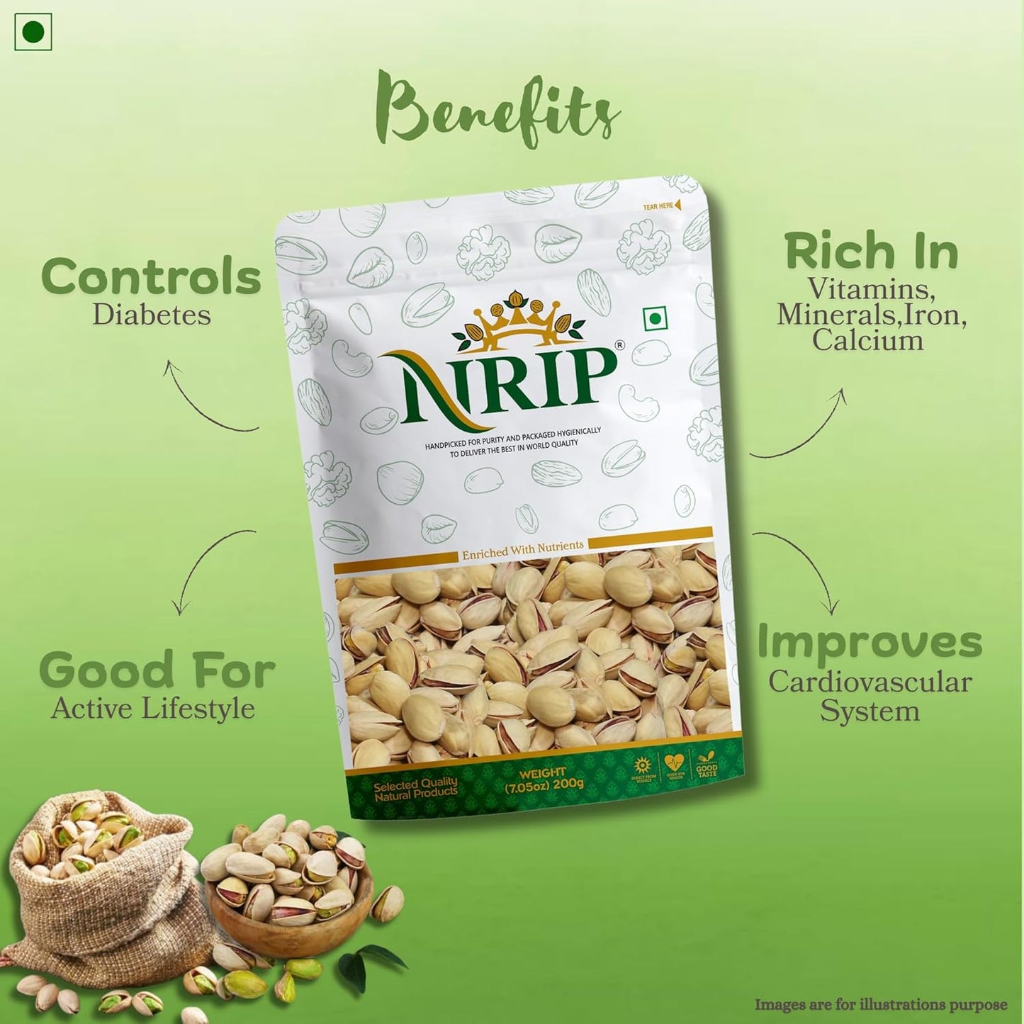 NRIP Premium California Roasted & Salted Pistachios 200g | Healthy Snacks, Dry Fruits, Pista | Tasty & Healthy | High in Protein & Dietary Fiber | Low Calorie Nuts