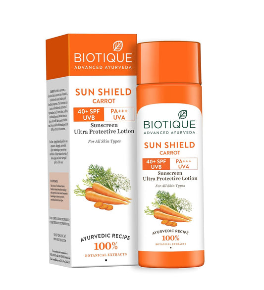 Biotique Sun Shield Carrot sunscreen lotion with packaging on a white background