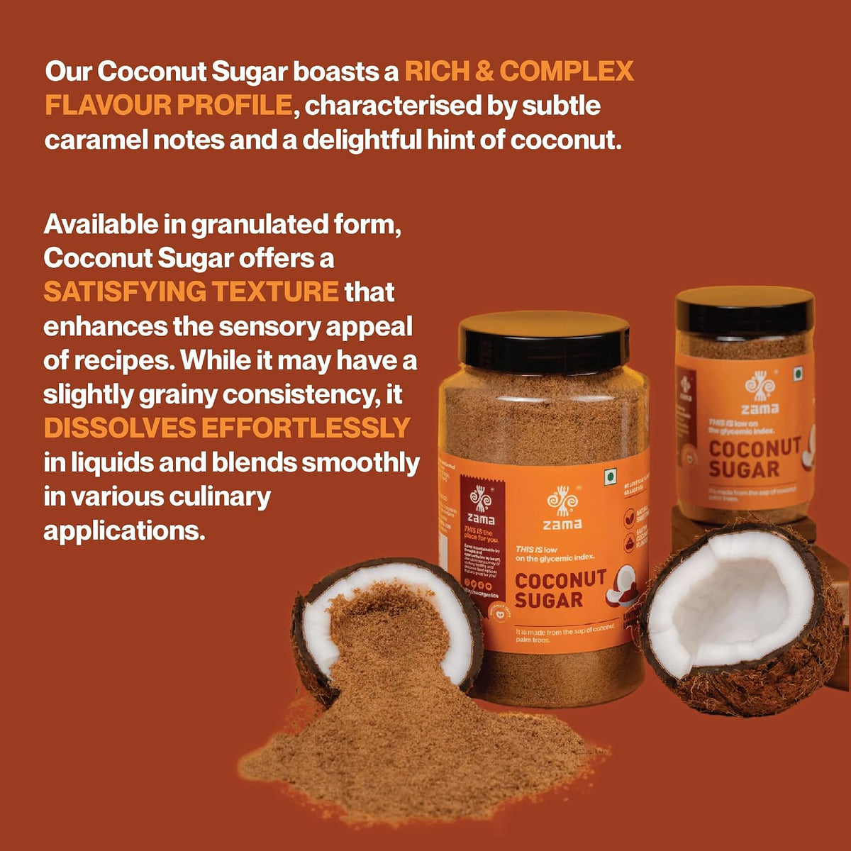 Zama Coconut Sugar 500g | Coconut Palm Sugar | Subtle Caramel Flavour | Sugar Substitute | Unprocessed and unrefined | Plant Based | Coconut Jaggery