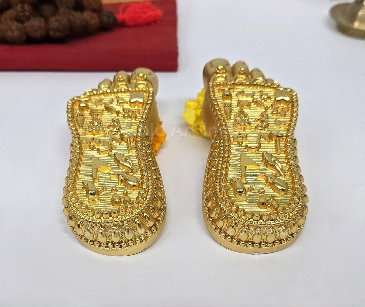 Gold Art India Shri Laxmi Charan Paduka Gold Plated Matte | Bhagyam Lakshmi Charan Idol | Maa Lakshmi Blessings Feet for Office Home Temple Decor | Ideal for Laxmi Puja Housewarming Gifts (4.5" Inch)