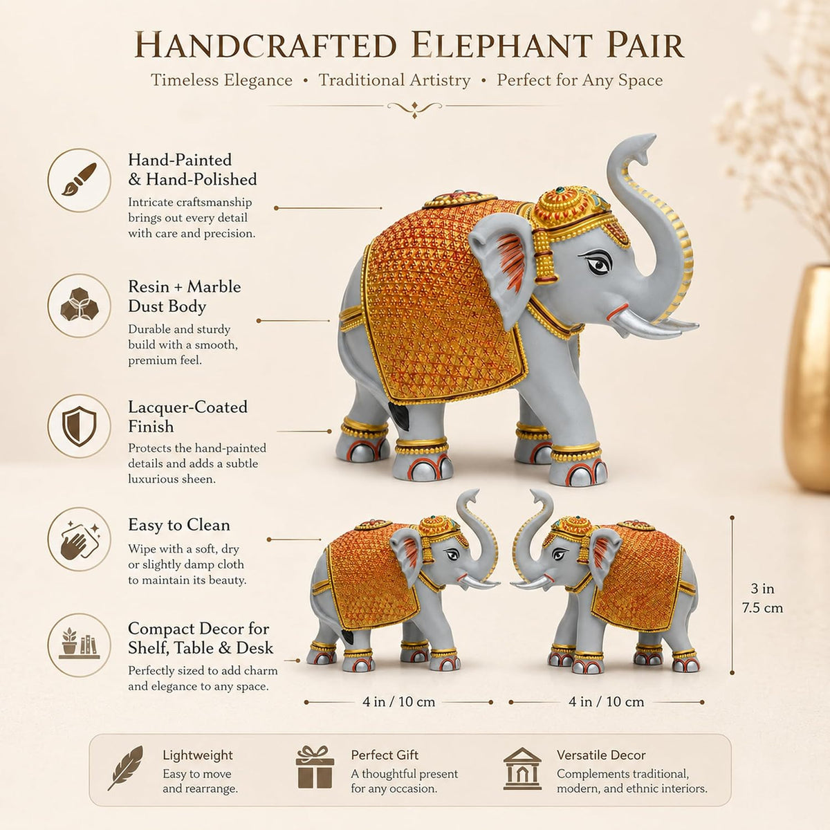 Grey Gold Mini Elephant Showpiece Pair, Car Dashboard, 3 Inch