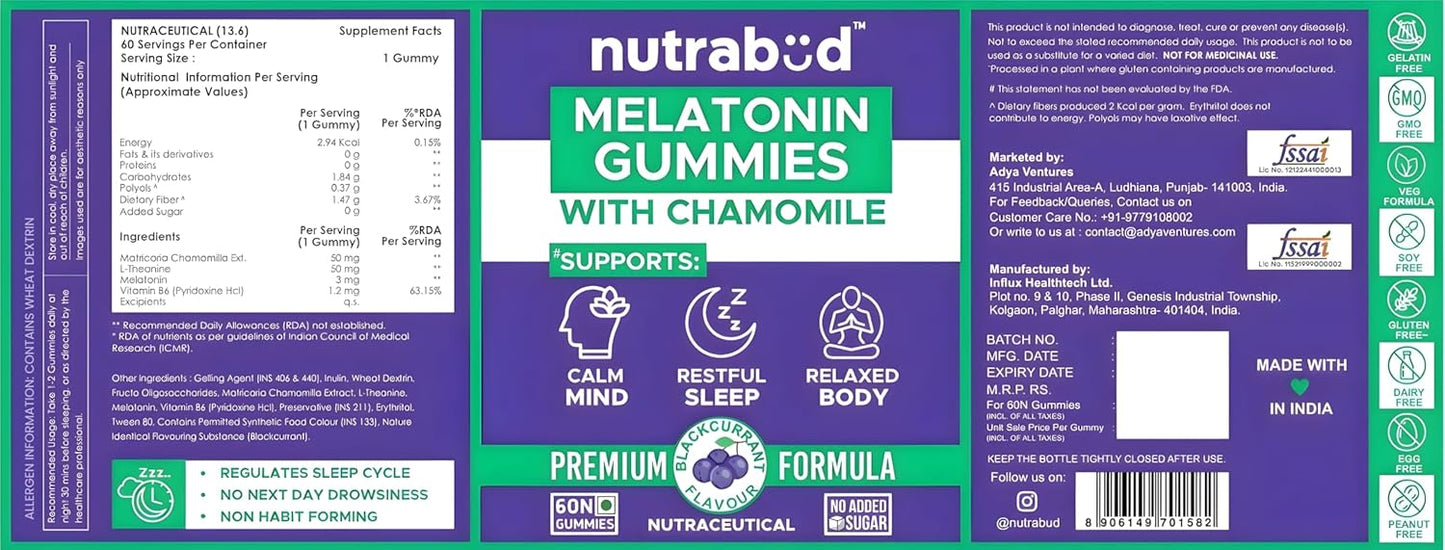 Nutrabud Melatonin Sleep Gummies 3mg For Men, Women | No Added Sugar | Fall Asleep Fast & Restful Deep Sleep | Blackcurrant Flavor Veg Gummy Supplement (60 Count (Pack of 1))