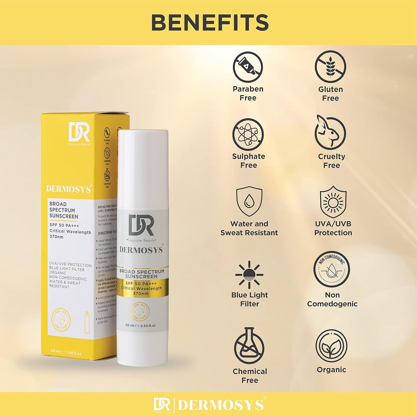 Dermosys Sunscreen SPF 50 PA+++ | 50ml Organic & Non Comedogenic SunscreenSPF50 | UVA, UVB & Blue Light Protection | With Hyaluronic Acid & Vitamin C | No White Cast | For All Skin Types