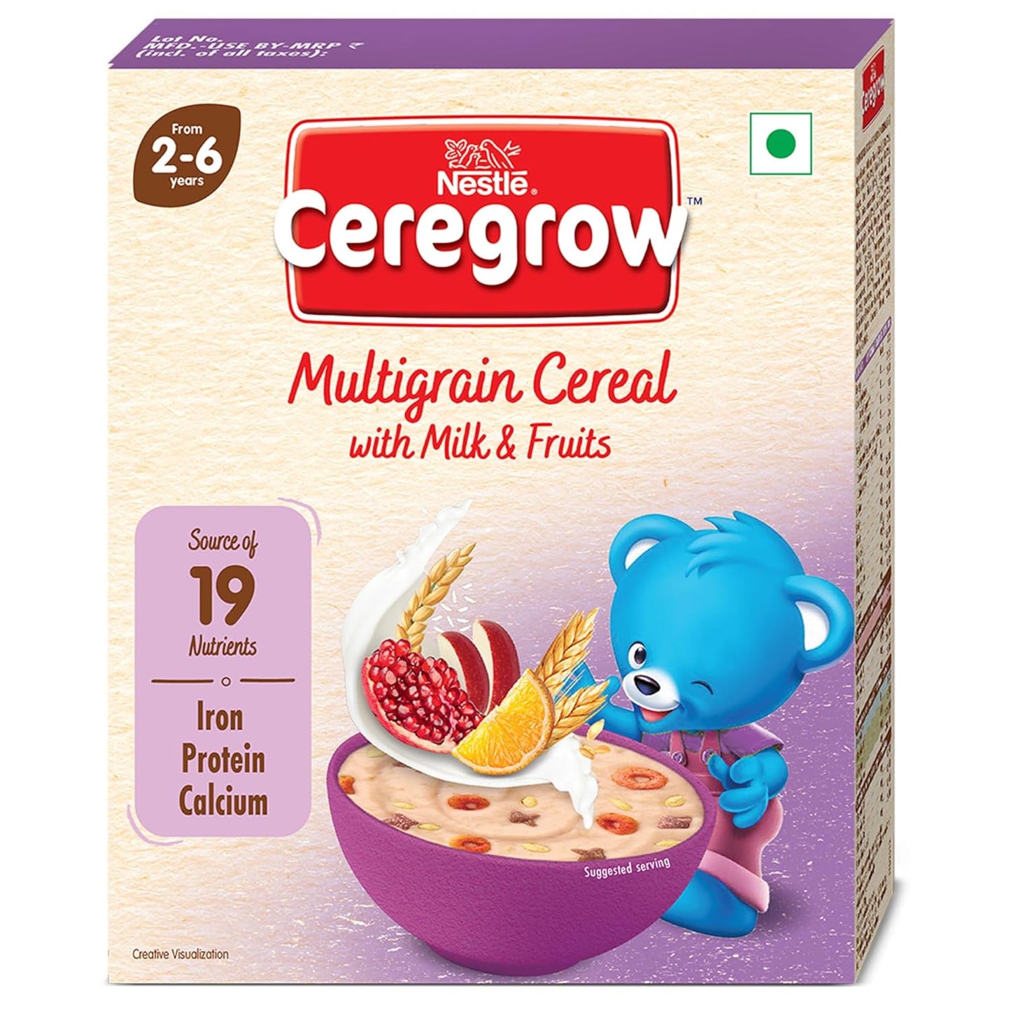 CEREGROW Multigrain Milk & Fruits Cereal | With Iron, Protein, Calcium | 19 Nutrients | 300g, Bag-in-box Pack