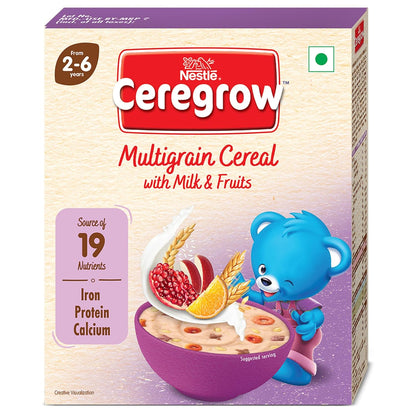 CEREGROW Multigrain Milk & Fruits Cereal | With Iron, Protein, Calcium | 19 Nutrients | 300g, Bag-in-box Pack