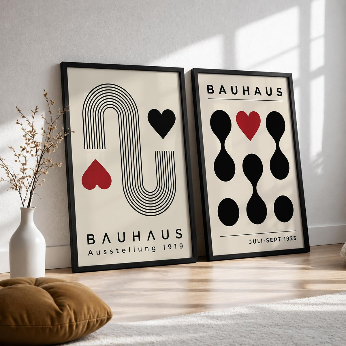Bauhaus Wall Art Set of 2 Framed Paintings | Geometric Abstract Modern Art Poster Black Red | Living Room Office Contemporary Home Décor (Art 14, 10x13 Inches)
