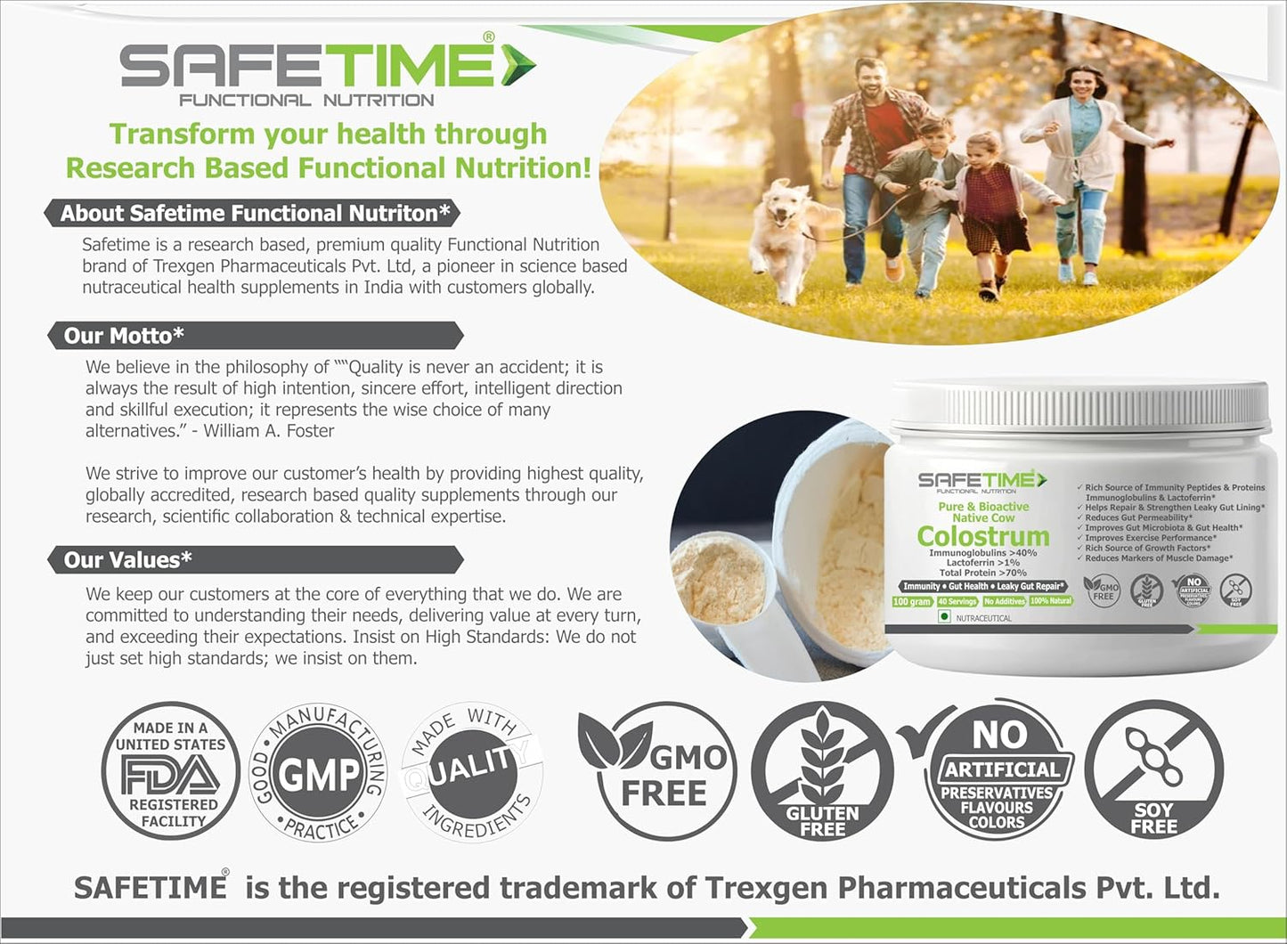 Advertisement for Safetime功能性营养品 with a family and dog in a park, product container, and certification logos.