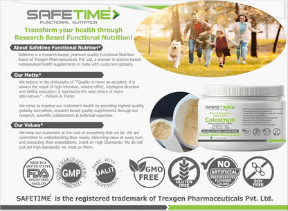 Advertisement for Safetime功能性营养品 with a family and dog in a park, product container, and certification logos.