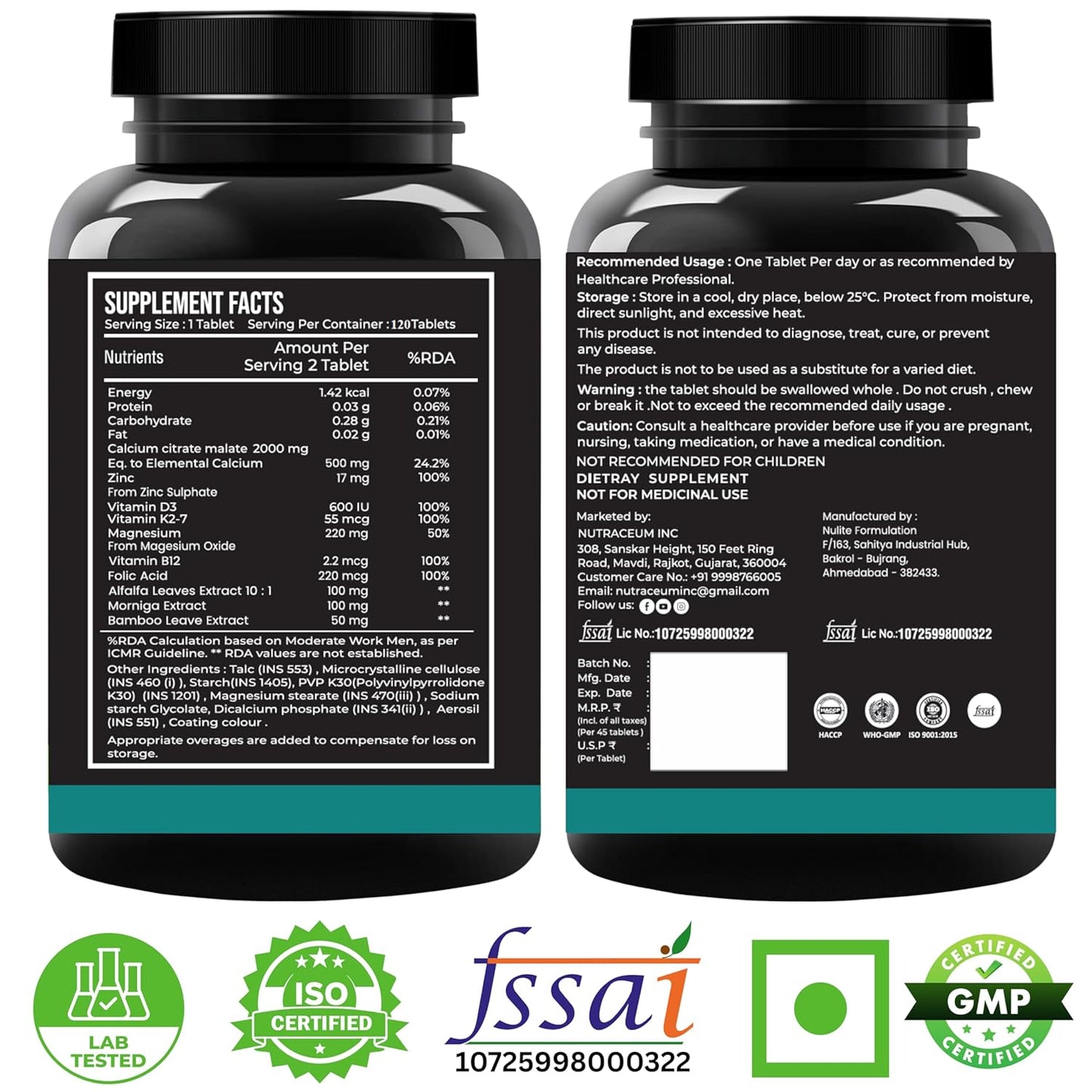 Nutrasium | Calcium & Vitamin D3 Tablets | Calcium Magnesium Zinc D3 & K2 with B12 & Folic Acid | Alfalfa, Moringa & Bamboo Leaves Extract | For Strong Bone & Joint Support | 120 Tablets
