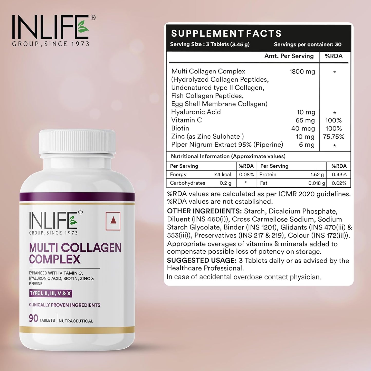 INLIFE Multi Collagen Complex Tablets | 5 Types Peptides I, II, III, V & X with Biotin, Hyaluronic Acid | Collagen Powder Supplements for Women & Men - 90 Tablets (Pack of 1)