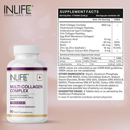 INLIFE Multi Collagen Complex Tablets | 5 Types Peptides I, II, III, V & X with Biotin, Hyaluronic Acid | Collagen Powder Supplements for Women & Men - 90 Tablets (Pack of 1)