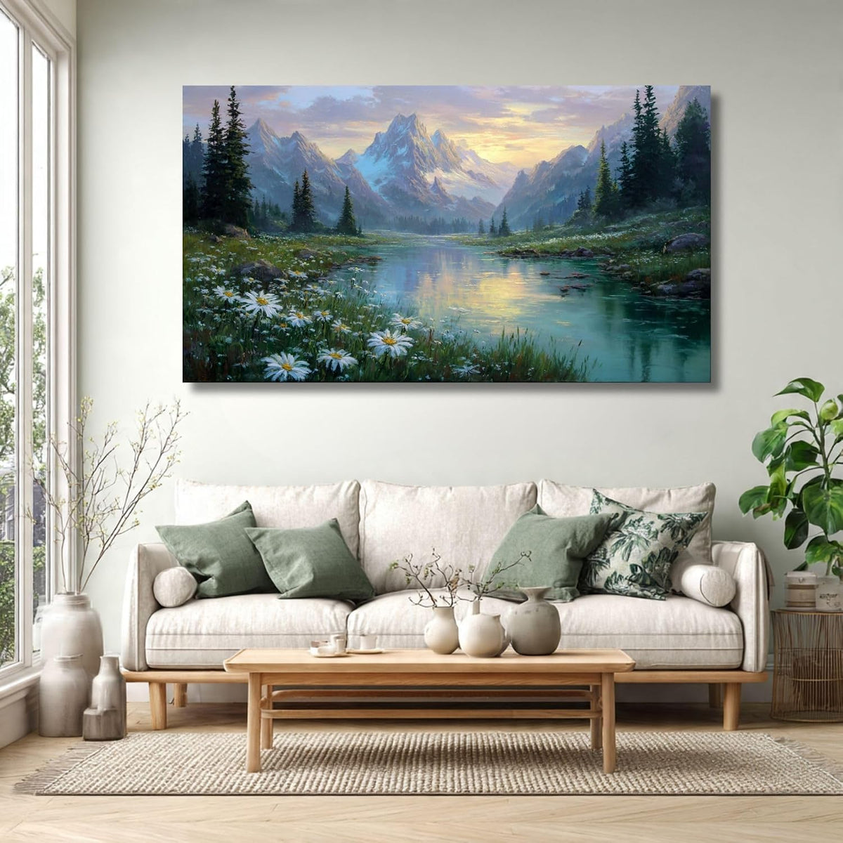 Mountain Landscape Canvas Wall Art Big Size | Nature Painting for Living Room Bedroom | Scenic Lake Premium Home Decor Wall Decoration (40 X 24 INCH, Unframed - LARGE)