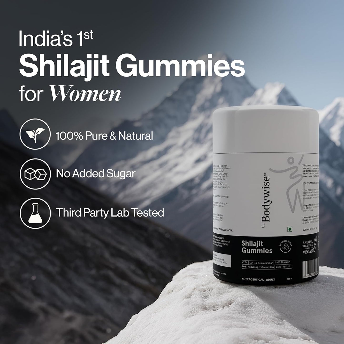 Be Bodywise Pure Himalayan Shilajit/Shilajeet Gummies for Women | 70% Fulvic Acid & KSM-66 Ashwagandha | Boosts Energy, Stamina & Strength | No Added Sugar | 60 Gummies