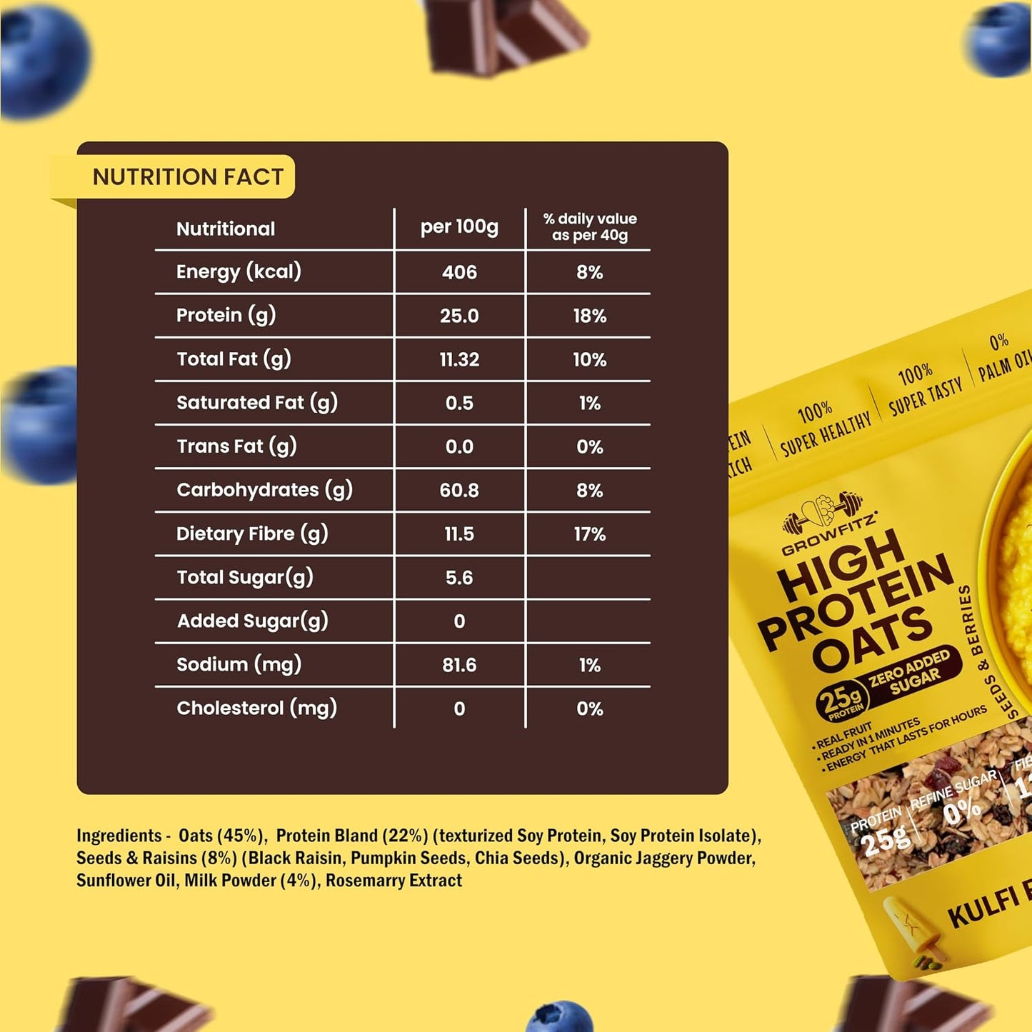 GrowFitz 25g High Protein Oats 800 Gram | Kulfi Flavor Breakfast Oatmeal | 12g High Fiber, Almonds, Raisin, Pumpkin, Chia Seeds, Super Rolled Oats | Healthy Fats, No Added Sugar (Pack of 1)