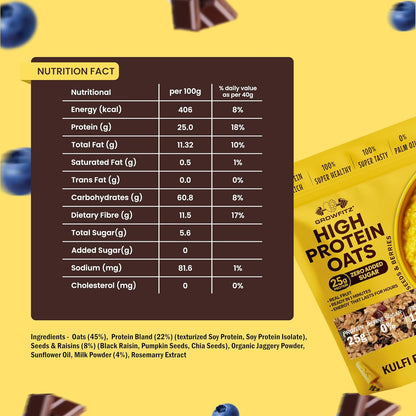 GrowFitz 25g High Protein Oats 800 Gram | Kulfi Flavor Breakfast Oatmeal | 12g High Fiber, Almonds, Raisin, Pumpkin, Chia Seeds, Super Rolled Oats | Healthy Fats, No Added Sugar (Pack of 1)