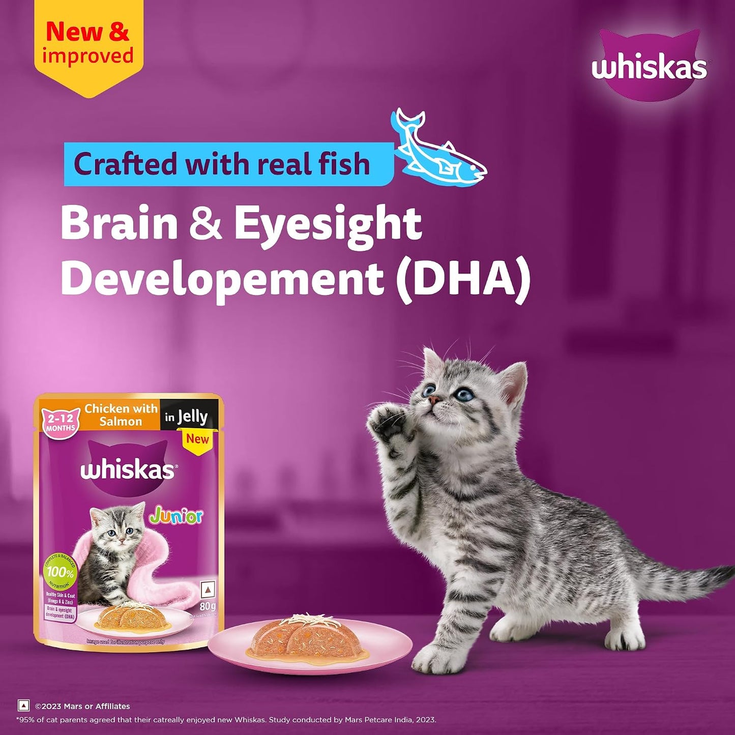 Whiskas Junior Kitten (2-12 Months) Wet Cat Food, Chicken with Salmon in Jelly, 80 g, Hydrating Food Made with Real Fish, 100% Complete & Balanced Nutrition for Kittens