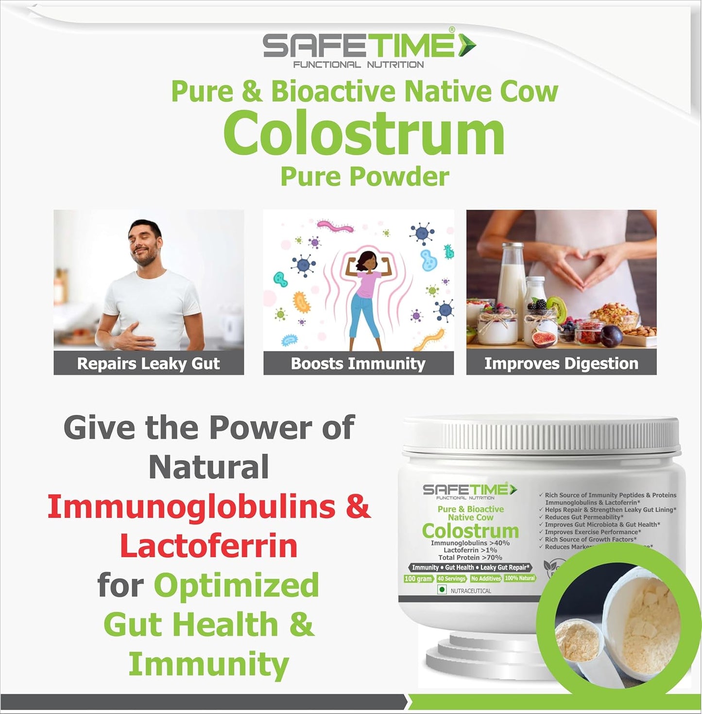 Advertisement for SafeTime Functional Nutrition colostrum powder with images and text about health benefits.