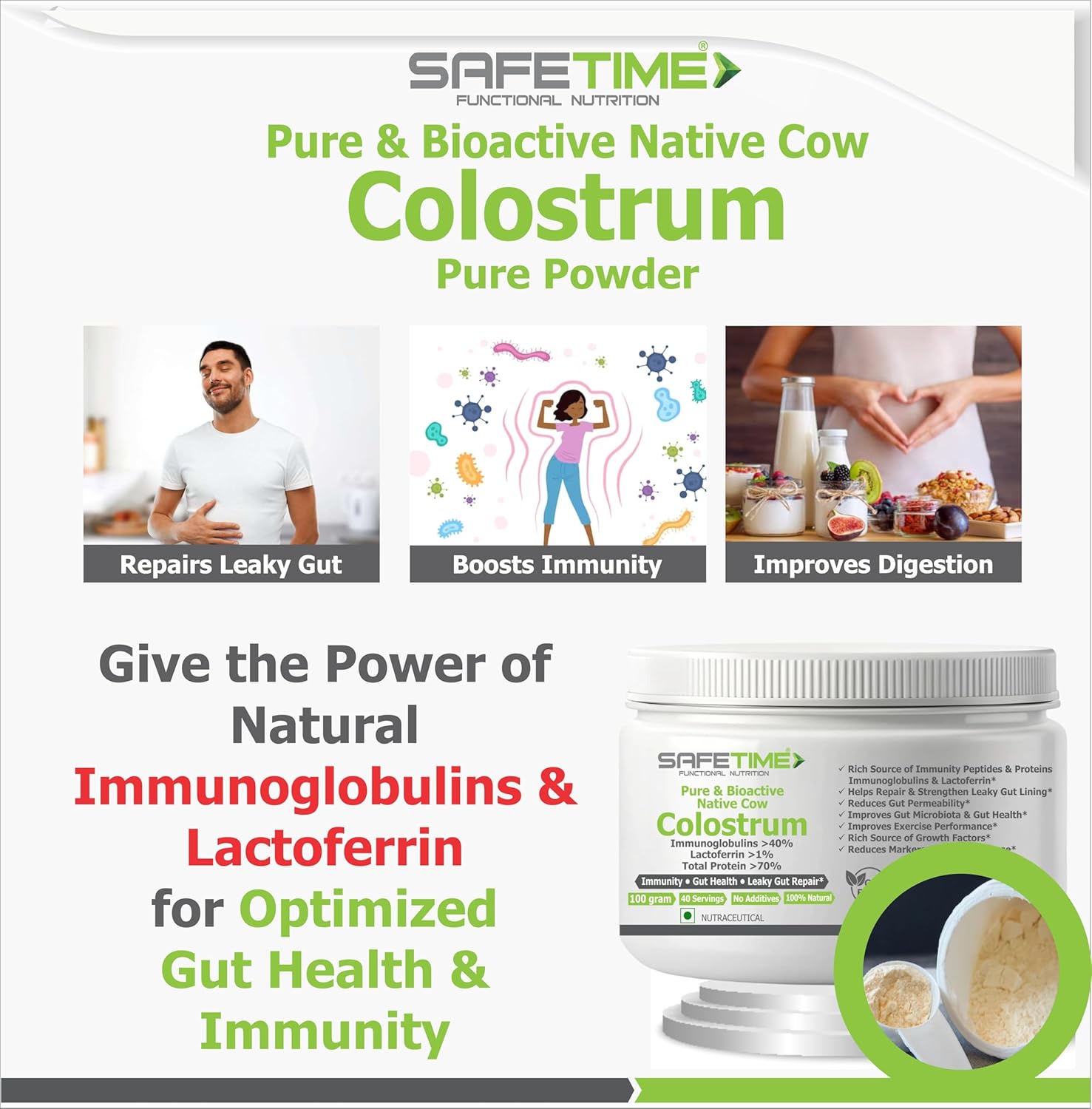 Advertisement for SafeTime Functional Nutrition colostrum powder with images and text about health benefits.