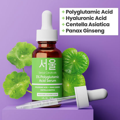 SeoulCeuticals Organic Polyglutamic Acid Korean Serum - 30ml Anti Aging Serum with Hyaluronic Acid + Centella Asiatica - K Beauty Skincare for Healthy Glowing Skin