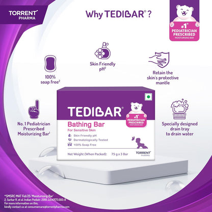 Tedibar Moisturising Baby Bathing Bar 75gx3 (Pack of 1) 100% Soap Free No. 1* Pediatrician Prescribed Moisturising Bar - By Torrent Pharma
