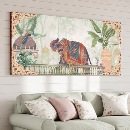 Royal Mughal Garden Elephant Canvas Wall Painting for Living Room, Floral Elephant Vastu Painting Cultural Indian Style, Rajasthani Inspired Artwork for Home & Office 22x46 Inch